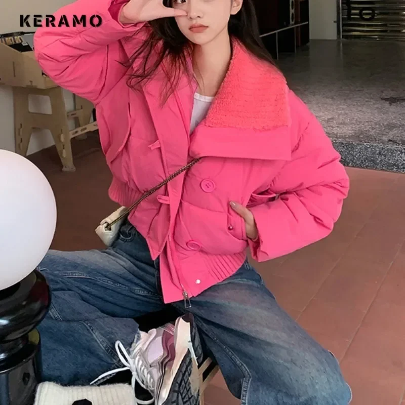 Women Casual Sweet Long Sleeve Single Breasted Parkas 2024 Winter Y2K Short Outerwear Jacket Fashion Warm Solid Color Thick Coat