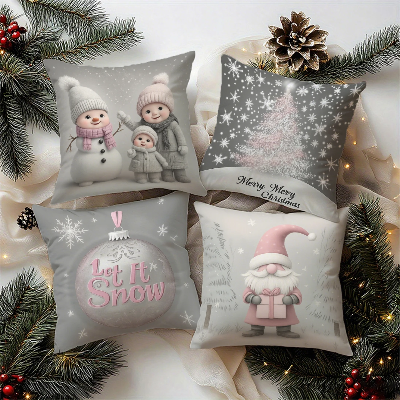 Pink Grey Christmas Pattern Cushion Cover Suitable for Sofa Bedroom Car Pillow Cover