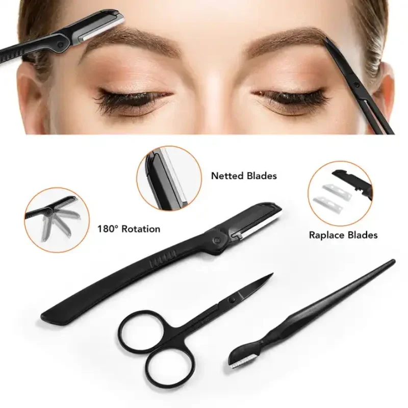 Black Eyebrow Trimming Scissors Stainless Steel Tweezers Eyebrow Scraping Eyebrow Comb Razor Eyebrow Clip Makeup Tools Sets