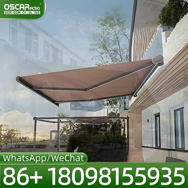 Retractable Manual Automatic Cover Awning with Remote LED Light for Patio Garden Balcony Retractable Awning