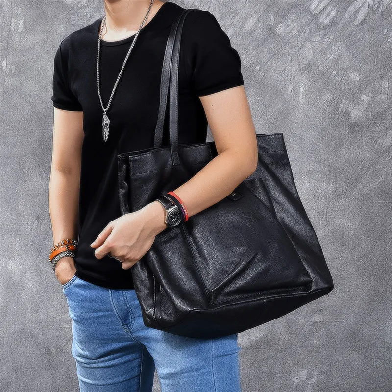 PNDME genuine leather large capacity black tote bag luxury men's handbag casual real cowhide women's work travel shoulder bag