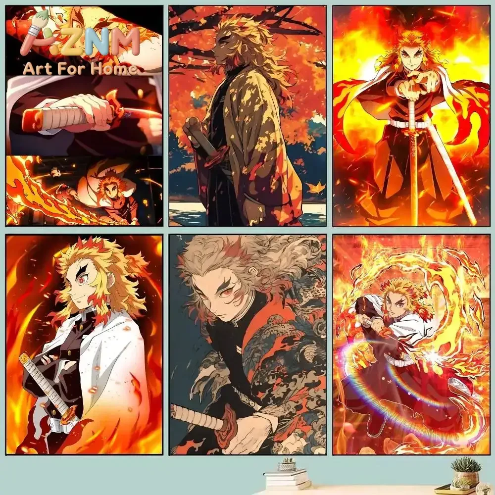 AZNM Demon Slayer Rengoku Kyojuro Anime Canvas Wall Art Frameless Print Poster for Home Bedroom Living Room Wall Decor