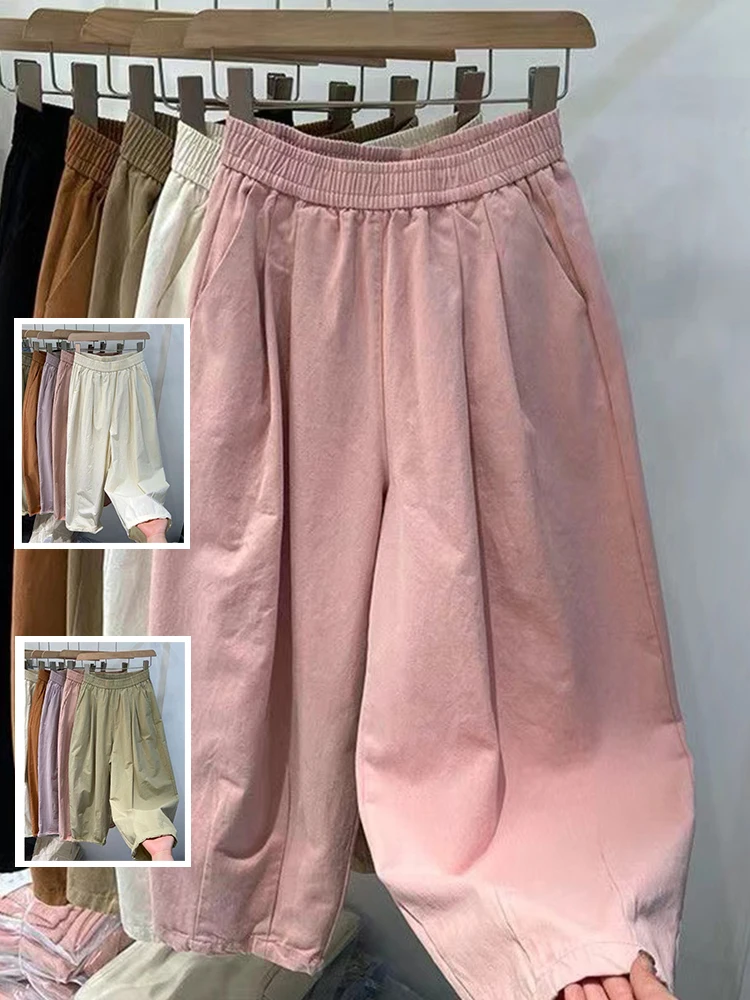 กางเกงพลีทบางเบาสำหรับฤดูร้อน ดีไซน์เก๋ สีสันสดใส ชุดกางเกงเก้าชิ้น ไซส์พลัสสำหรับผู้หญิง เอวยางยืด สวมใส่สบาย ช่วยให้ดูผอมเพรียว ใช้งานได้หลากหลาย สไตล์ลำลอง