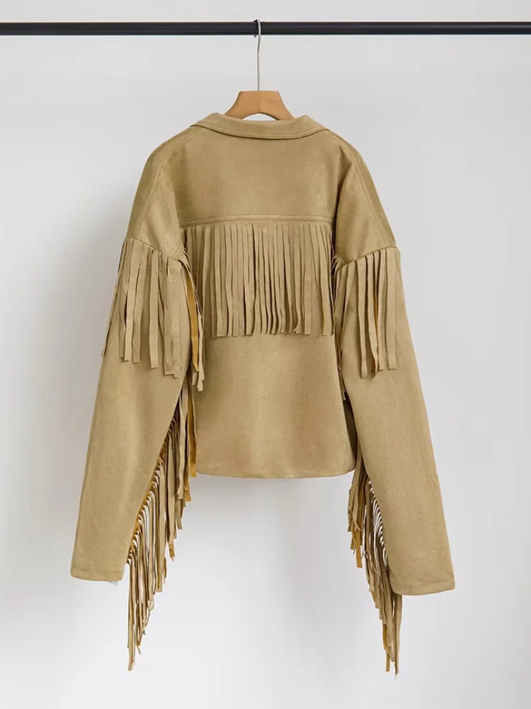 Tassels Patchwork Suede Jackets Women Fashion Button Flip Collar Pockets Loose Coats Jacket 2025 Autumn Clothing Lady Outerwears