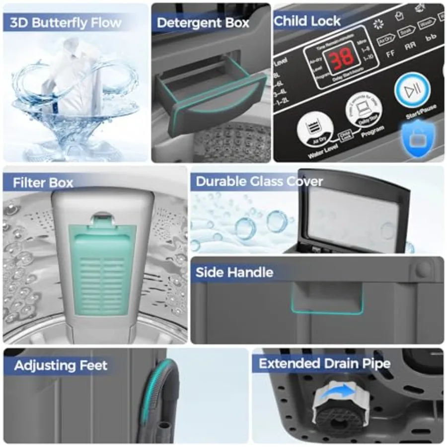 غسالة محمولة بسعة 20 رطل ومجموعة غسالة ومجفف بطول 2.8Cu.ft تتميز بمضخة تصريف وشاشة LED 10 غسيل