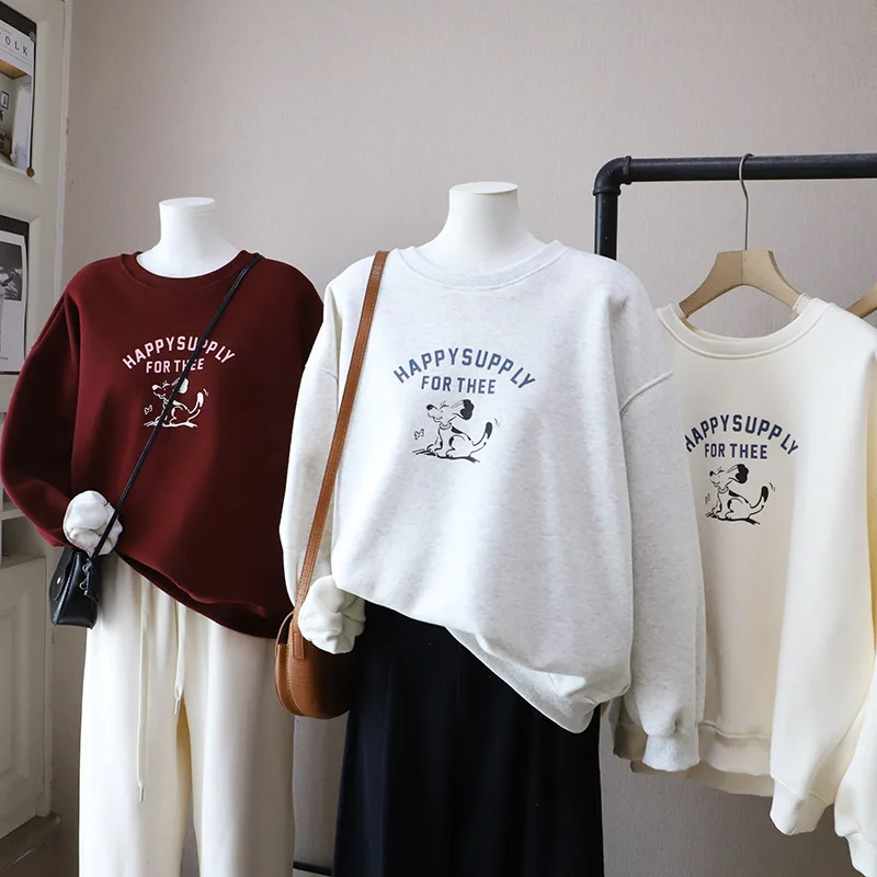Sweat à capuche ample doublé de Fce pour femmes, collège coréen, rond, lettre Ne, imprimé chien de dessin animé, nouvelle collection hiver Ar...