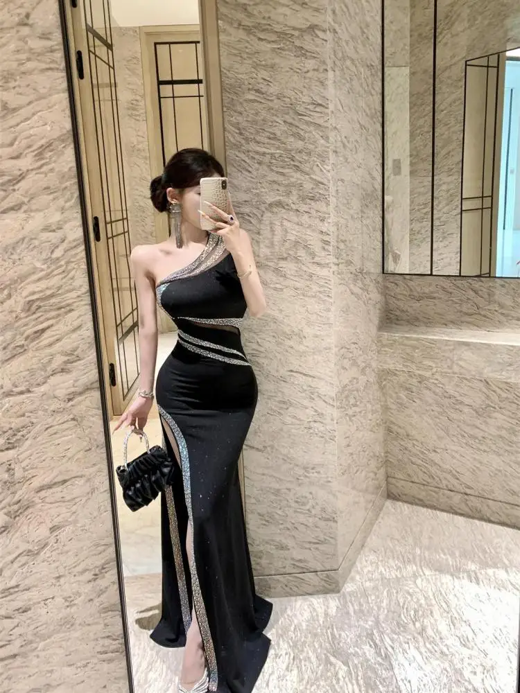 

Vintage Women's Black Patchwork Diamond Sleeveless Slanted Shoulder Slim Split Long Dress Summer French Sexy Party Evening Dress