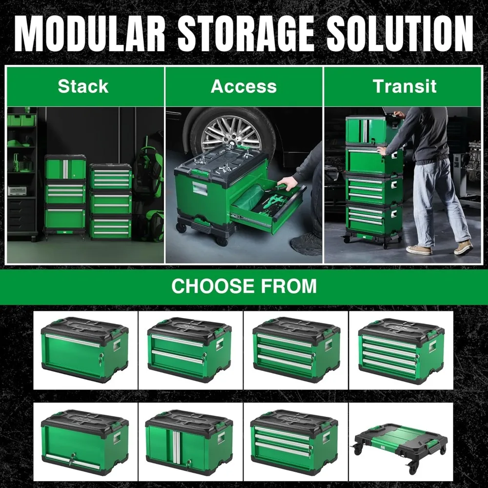 SK-Caja de Herramientas de almacenamiento apilable Modular, 20,5 pulgadas, caja de acero de 2 cajones, mecanismo de bloqueo automático patentado, sostiene hasta 60