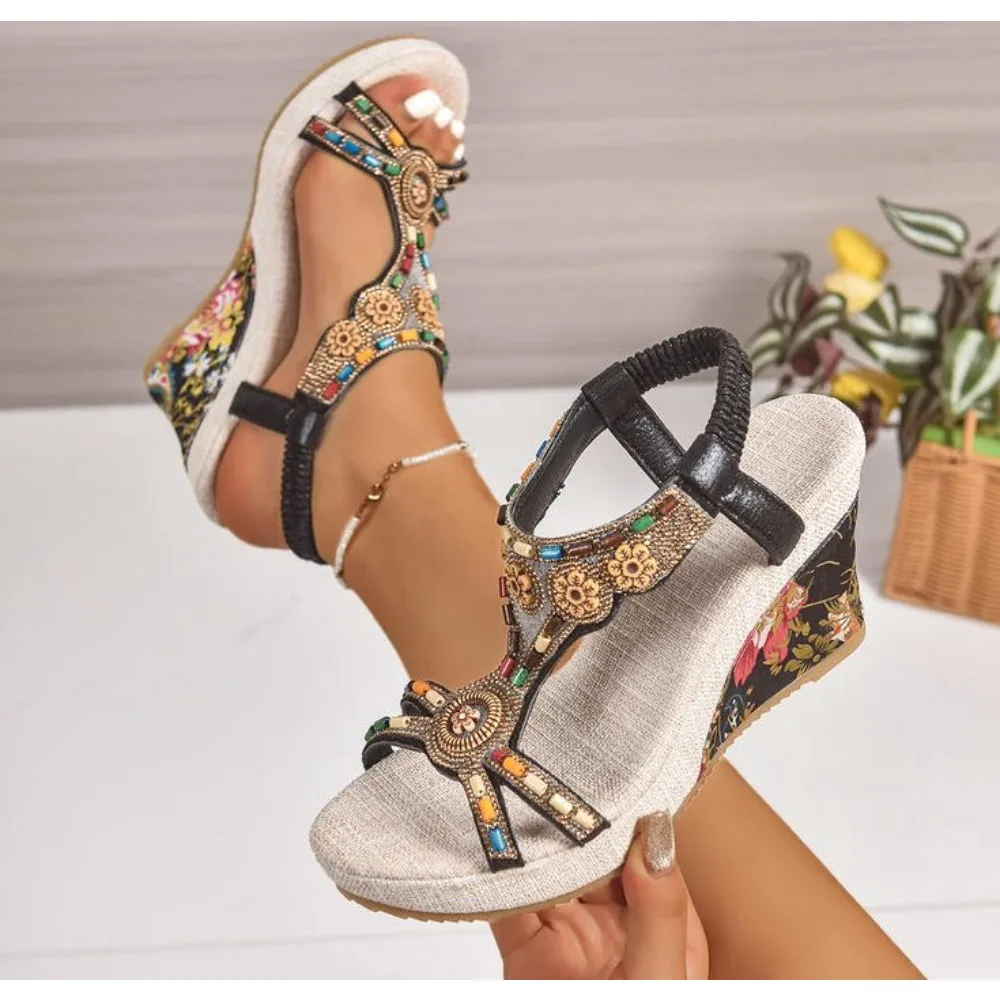 Decorative multicoloured bohemian wedge sandals with floral heels