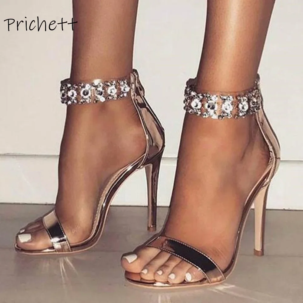 Strass Bling sangle droite sandales bout rond talons fins cristal or chaussures bande de cheville Sexy Stiletto Vocation chaussures 2024