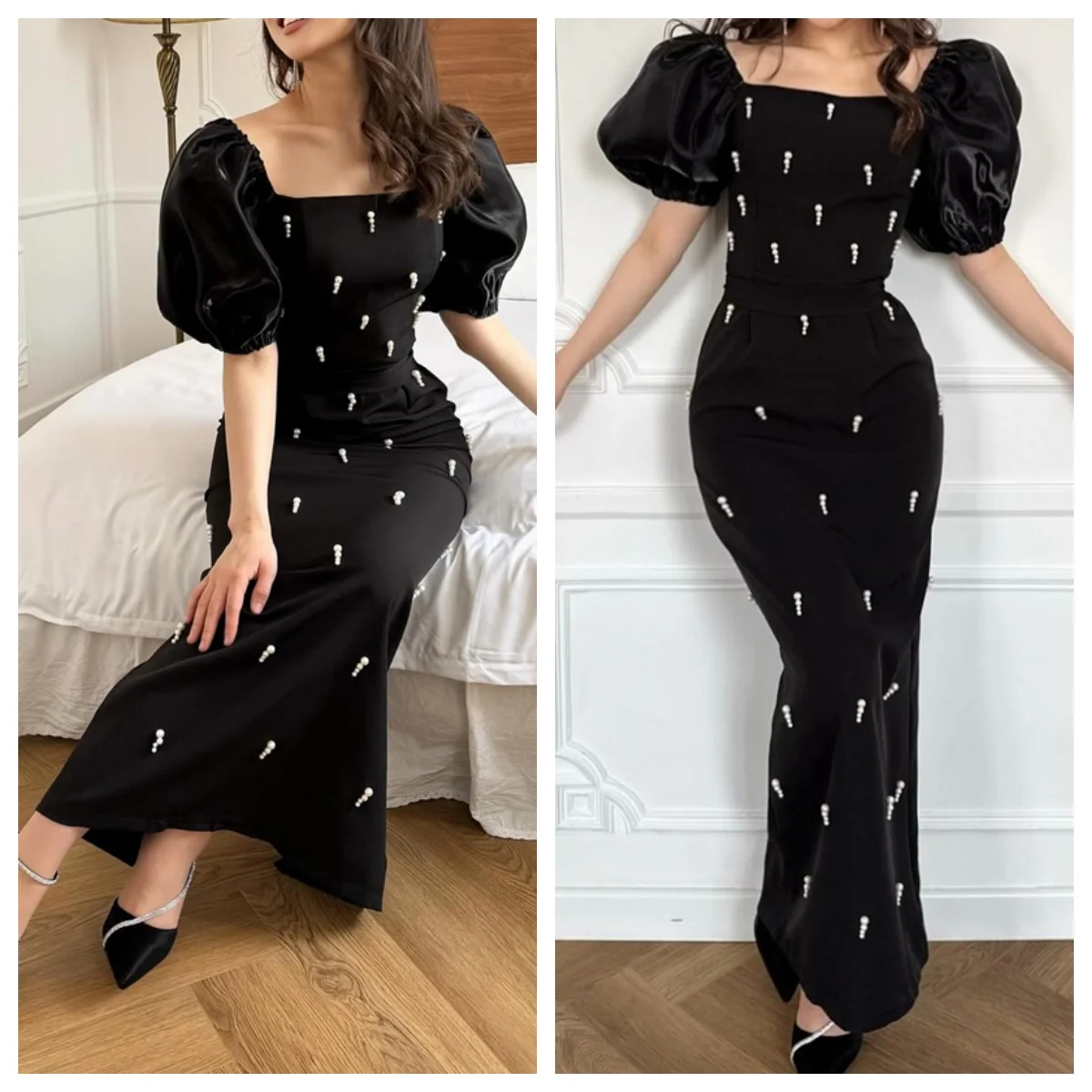 Vestido de noche personalizado Jersey negro clásico cuello cuadrado fuera del hombro mangas cortas A-Line rebordear vestidos para ocasiones especiales