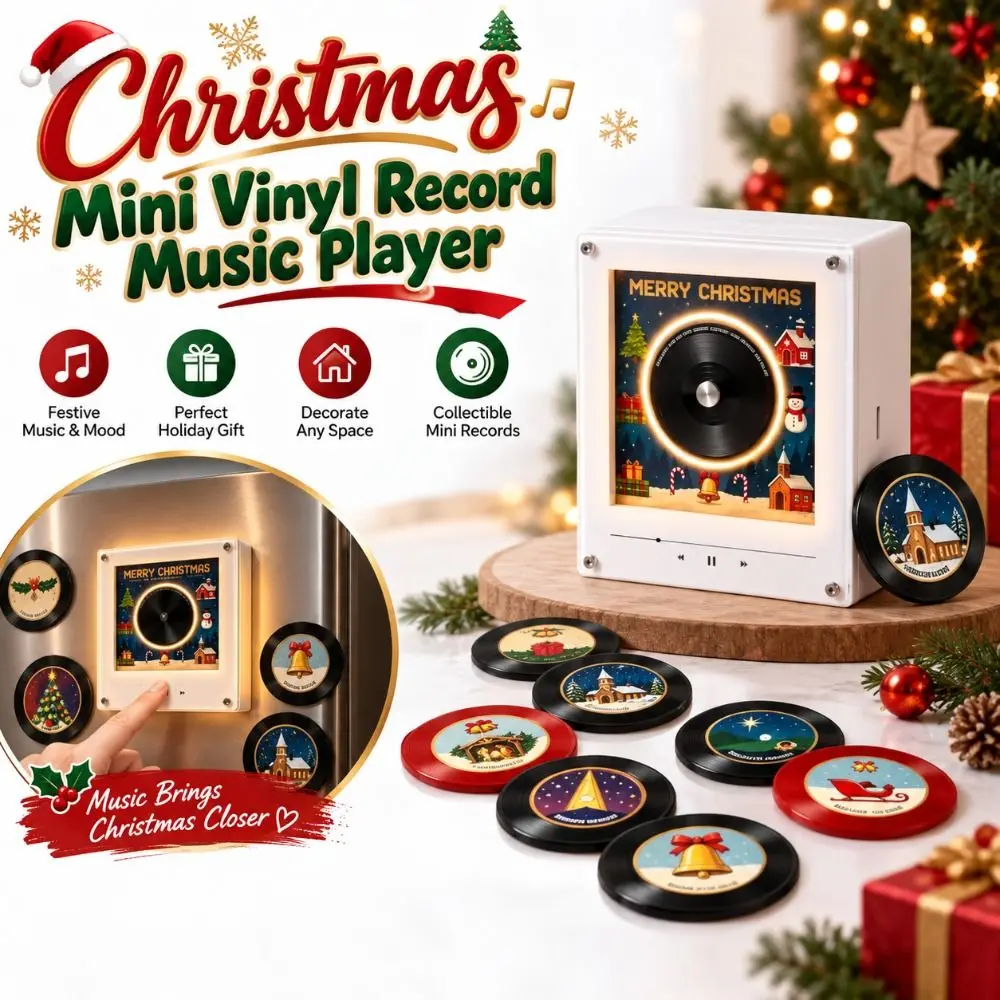 Christmas Mini Vinyl Record Music Player Refrigerator Magnet with 9 NFC Fridge Records NFC Music Box Magnetic Disc Set