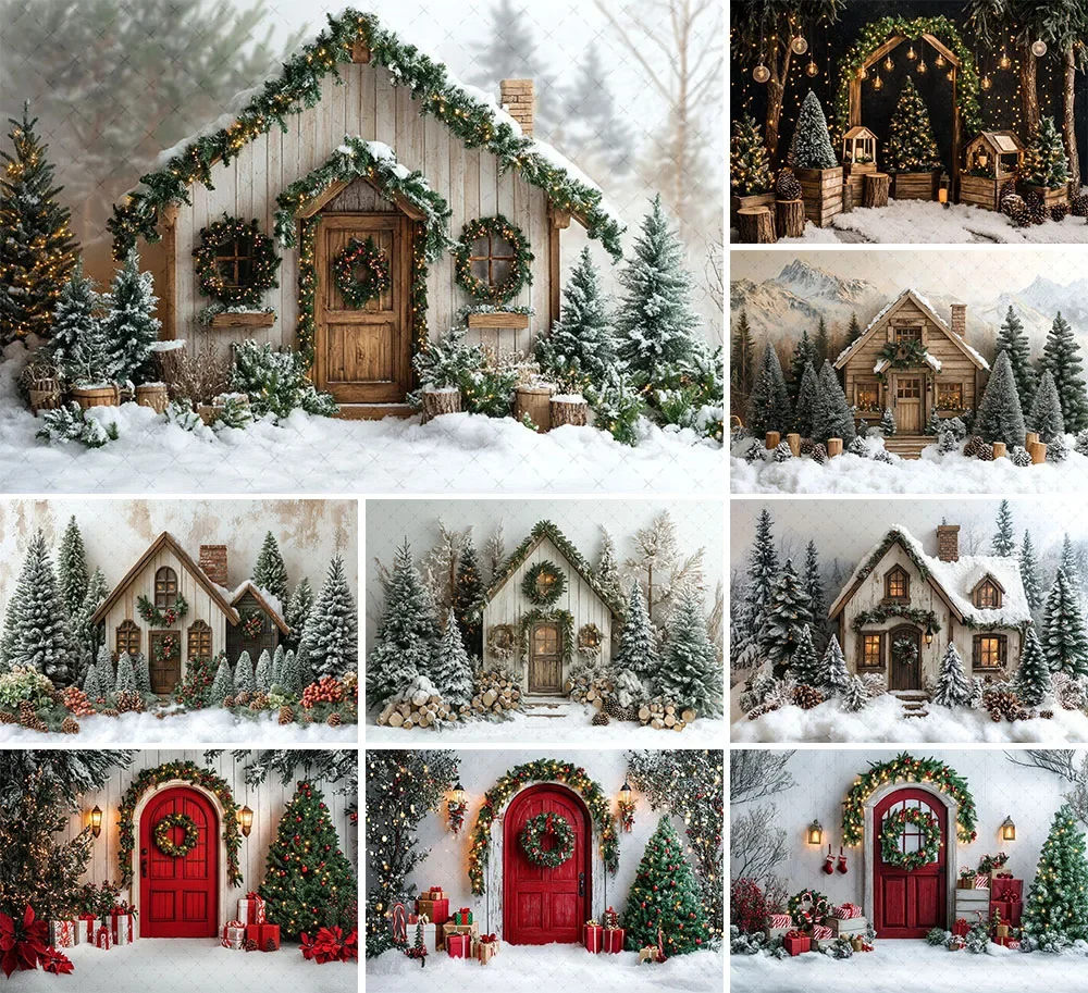 Fotografie Hintergrund Winter Weihnachten Holztür Wald Weihnachtsbaum Kinder Familie Porträt Dekor Hintergrund Fotostudio