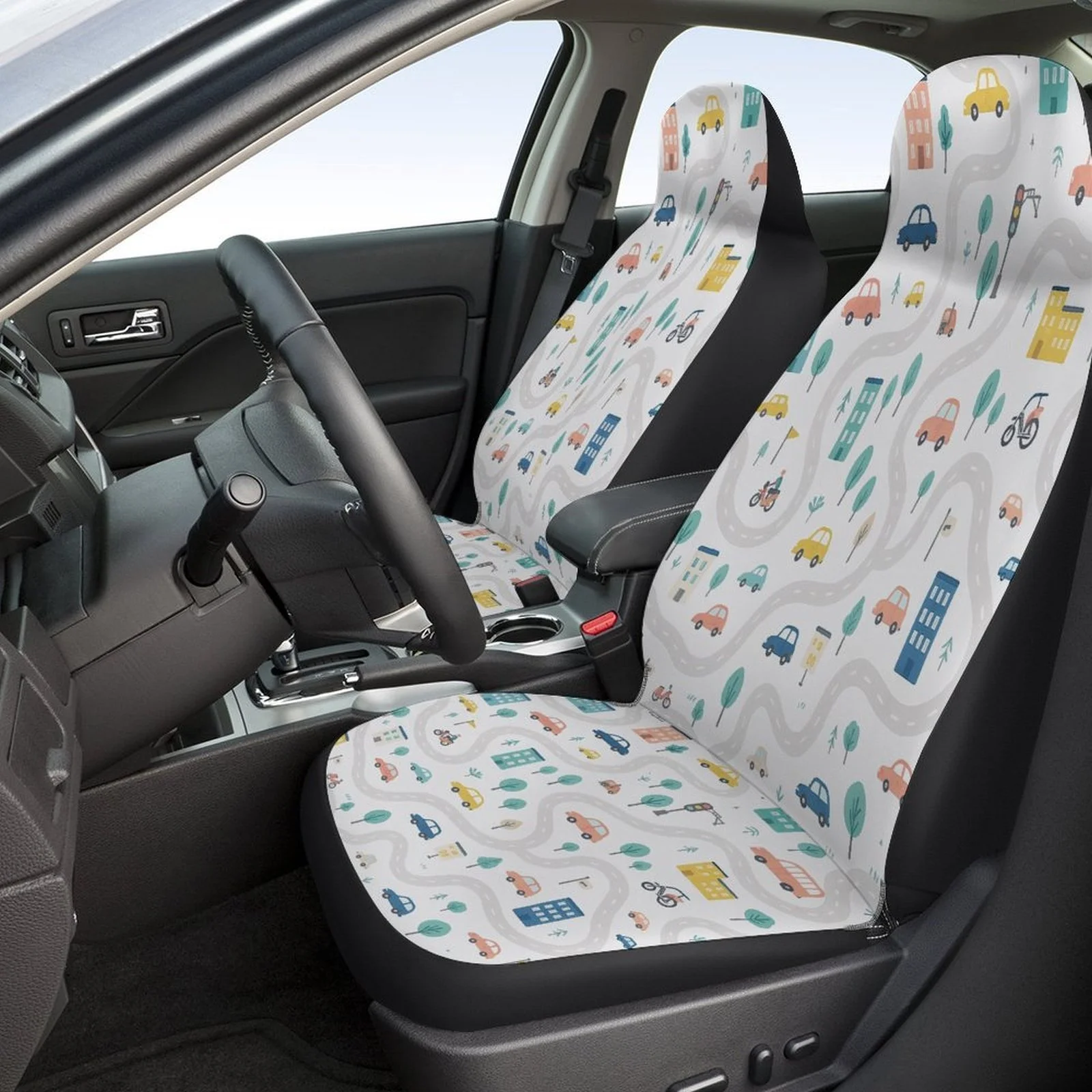 A Complete Set Of Car Seat Covers Featuring A City Road Pattern, Designed To Fit Most Vehicles. These Stylish Novelty Covers Ser