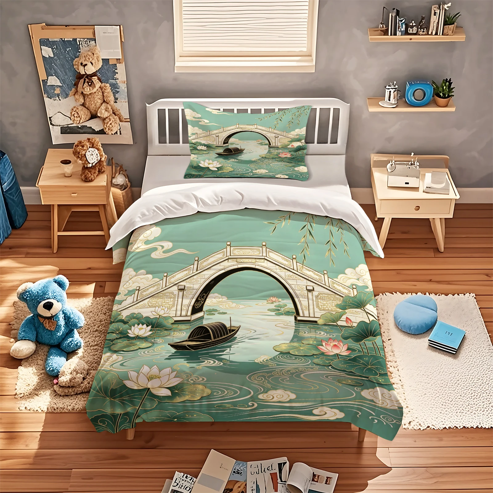 Chinese Style Ancient Landscape Duvet Cover Set Stone Bridge Lotus Boat Print Soft Bedding Set with Pillowcases for Bedroom Dec