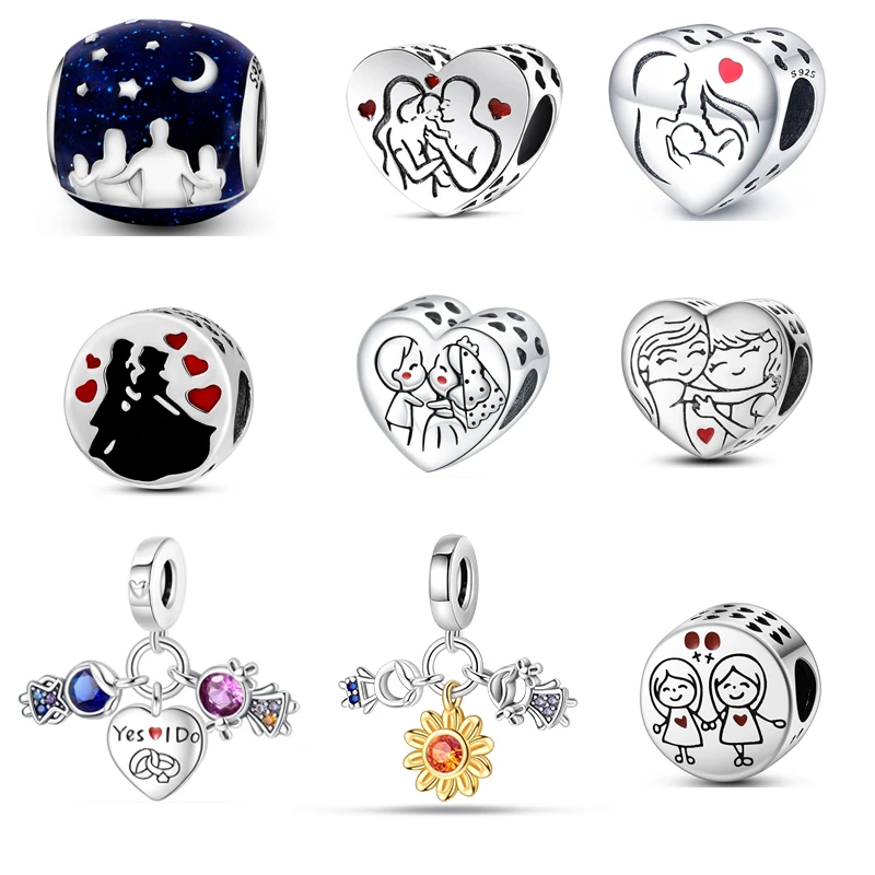 

Новый дизайн, стерлинговое серебро 925 пробы, семейная пара, очаровательные бусины в форме сердца, подходят для оригинального брендового браслета, ювелирного изделия, кулон, женский подарок