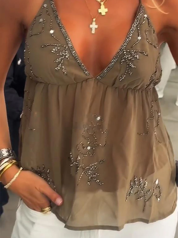 ビーズ刺繍スパンコールドレス レディース シースルー ノースリーブ バックレス Vネック セクシーローブ 女性 2025 夏 イブニングパーティー バケーションドレス