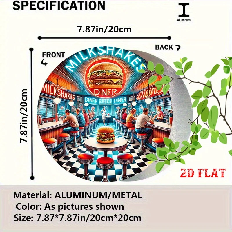 2D Flat, 1pc Retro Diner Neon Lights Round Aluminum Sign - 7.87x7.87 Inch Vintage Checkered Floor & Milkshake Burger Wall Art, V