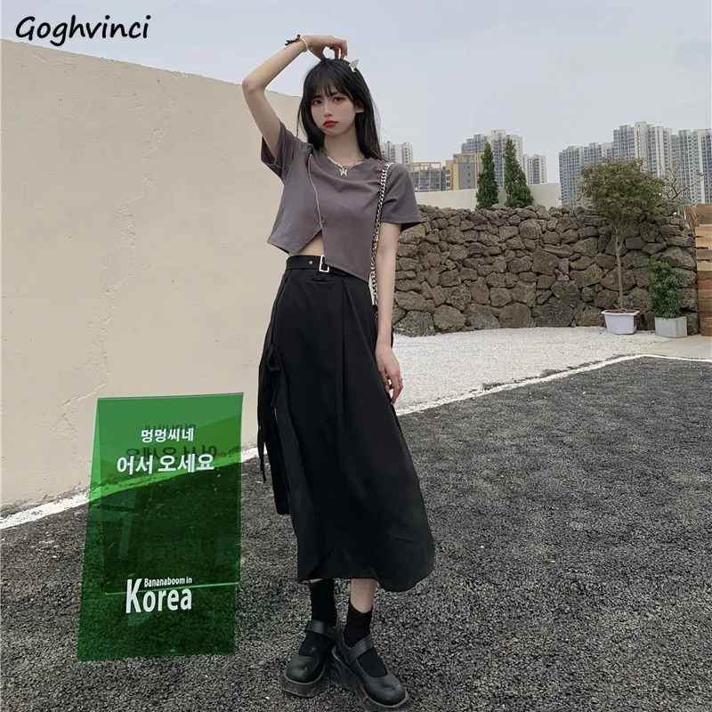 

Юбки женские с поясом дизайн девичий черный Harajuku элегантный летний уличная одежда с разрезом по бокам крутая новая повседневная модная одежда трапециевидной формы до середины икры