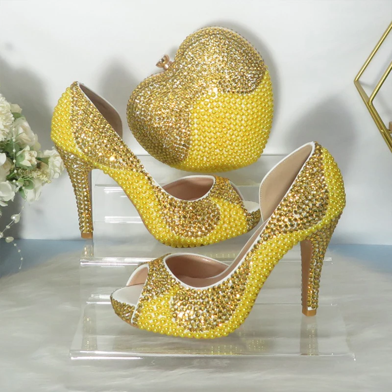 BaoYaFang Brand Women wedding shoes and bags bridal High heels platform shoes Ladies Party shoes heart purse Open Toe Golden