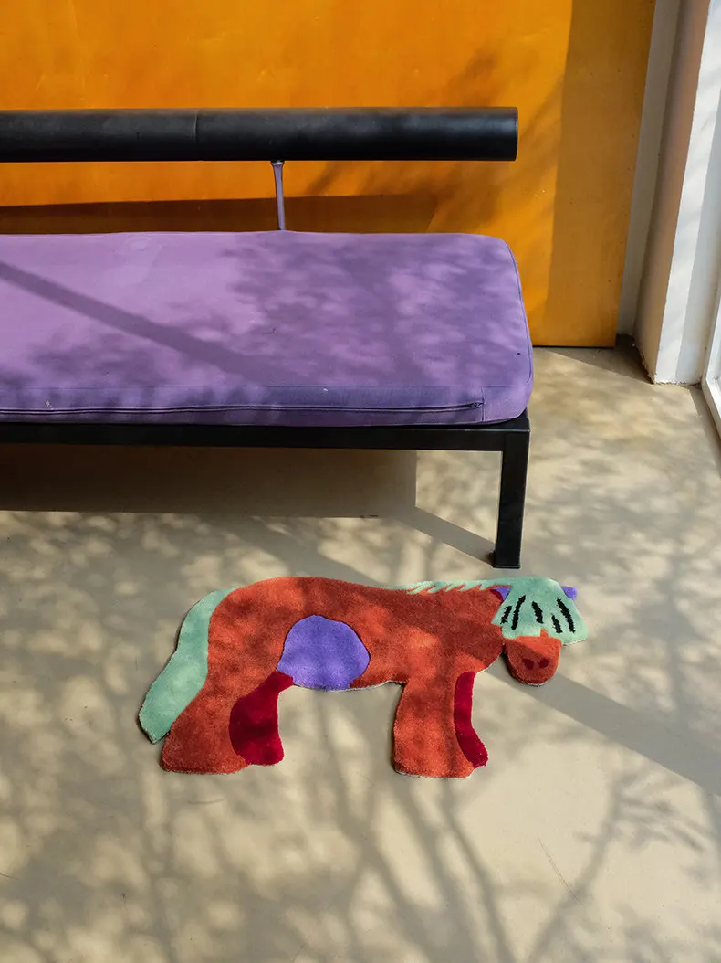 

Handmade color-blocked rug featuring creative cartoon animal designs high-end vintage-inspired floor mat perfect for decorating