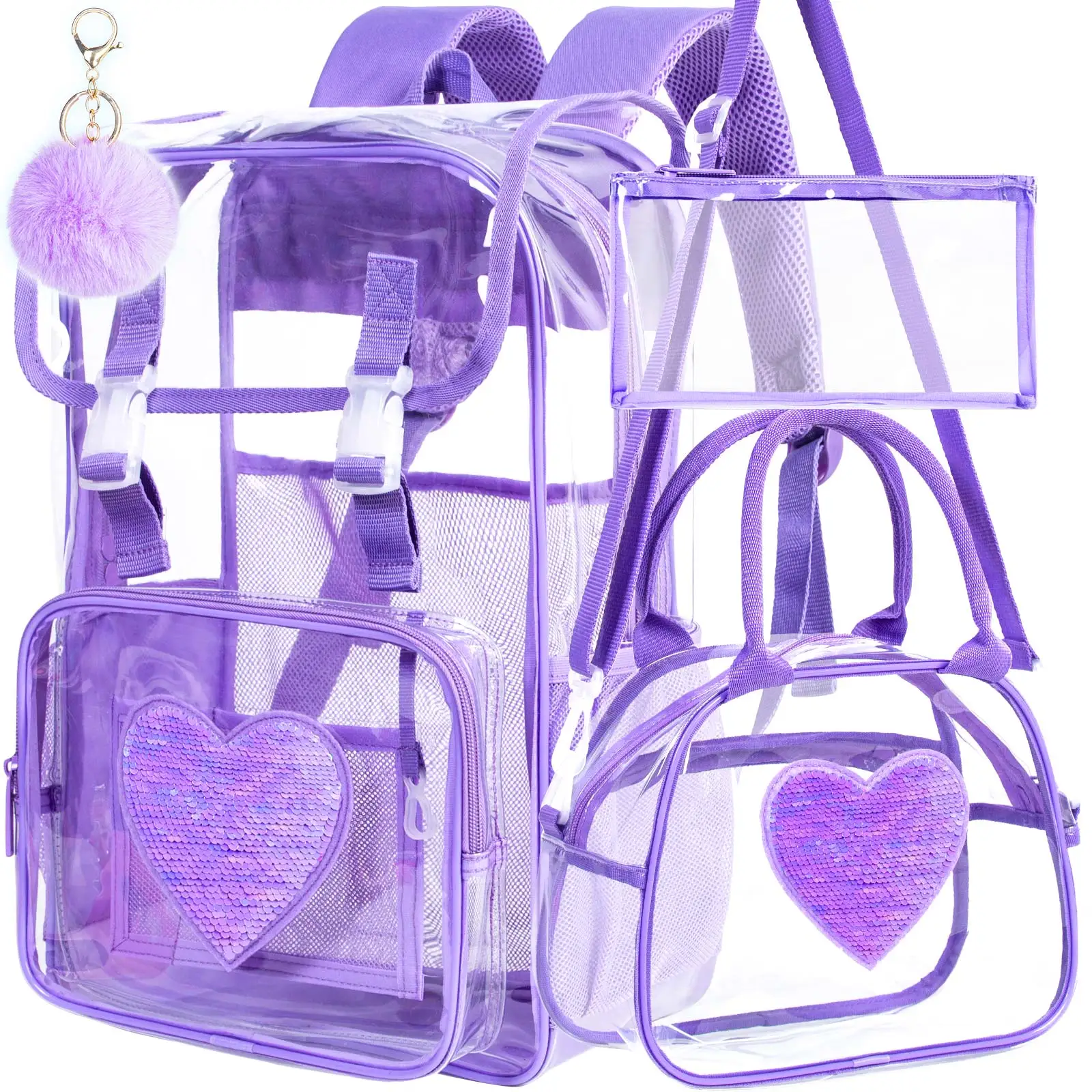 3pcs-kid's-backpack-for-girls-sequin-heart-decor-clear-school-set-zipper-closure-cute-backpack-with-handbag-and-pen-pouch-for