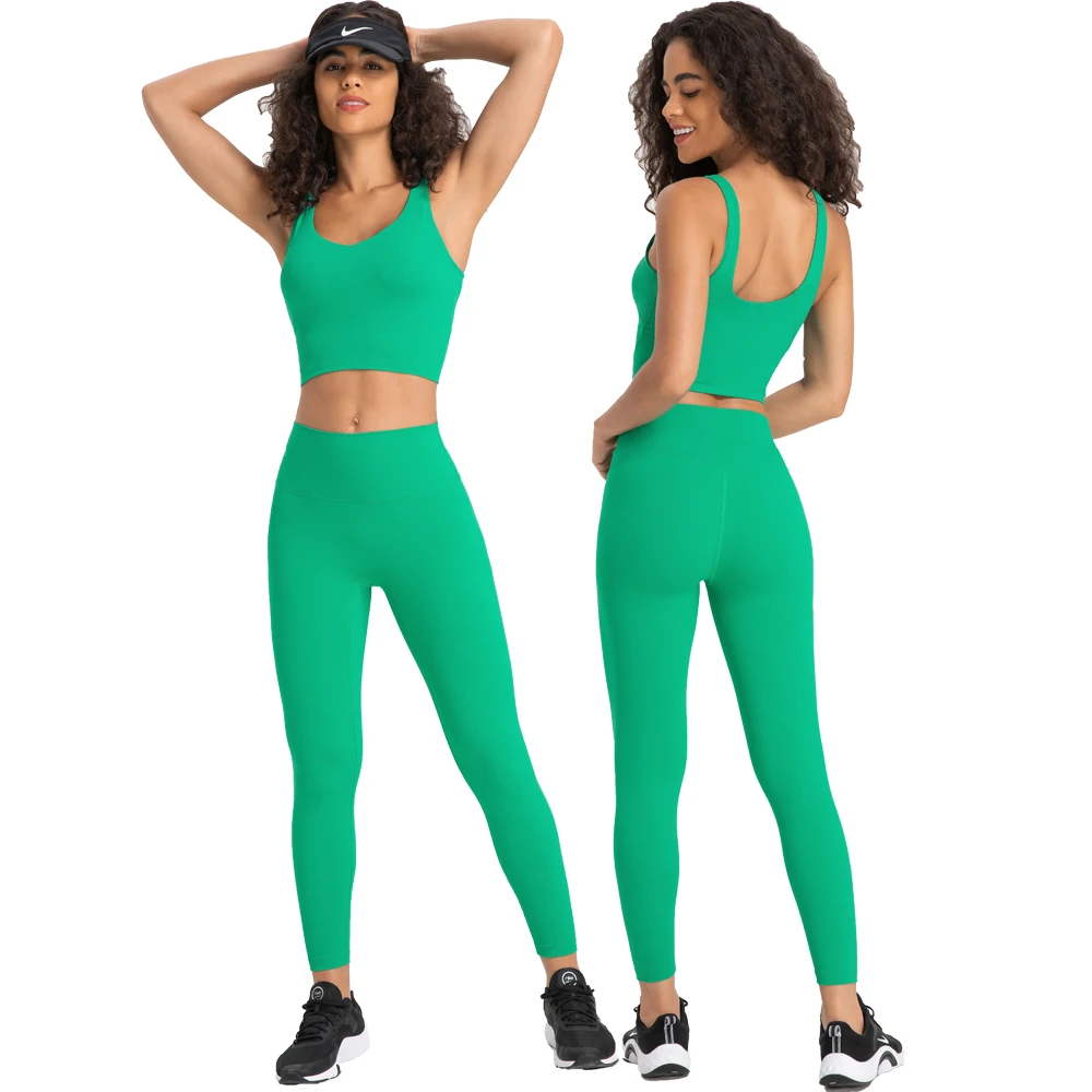 Stretch Nylon Spandex Workout Outfits Women\'s Tracksuits Gym Clothing 2 Piece Padded Crop Tank Bra High Waist Yoga Leggings Sets