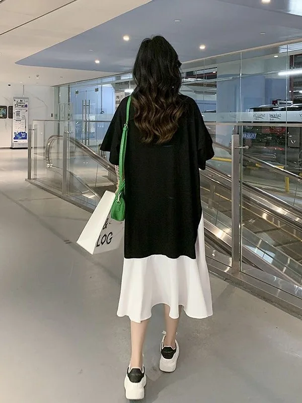 plus Size Summer Loose Short Sleeve T-Shirt Print Over-Knee Slimming Younging Dress Women's Korean Style High Waist A-Line Skirt