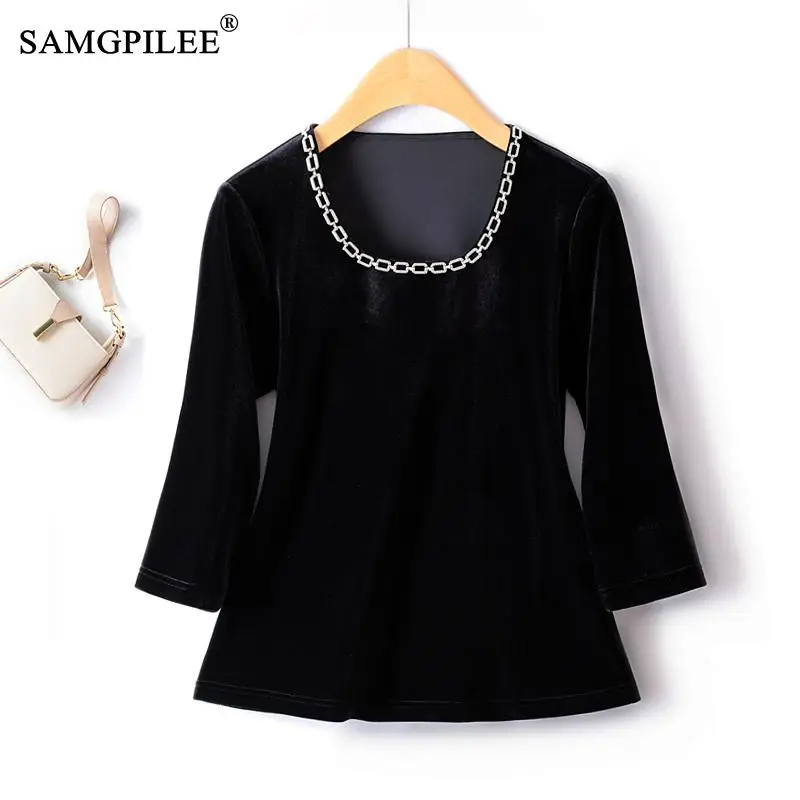 Women's Blouses Trend 2024 Autumn Winter New Light Luxury Metal Chain Decorated Gold Velvet Slim T-shirts Fashion Y2k Tops