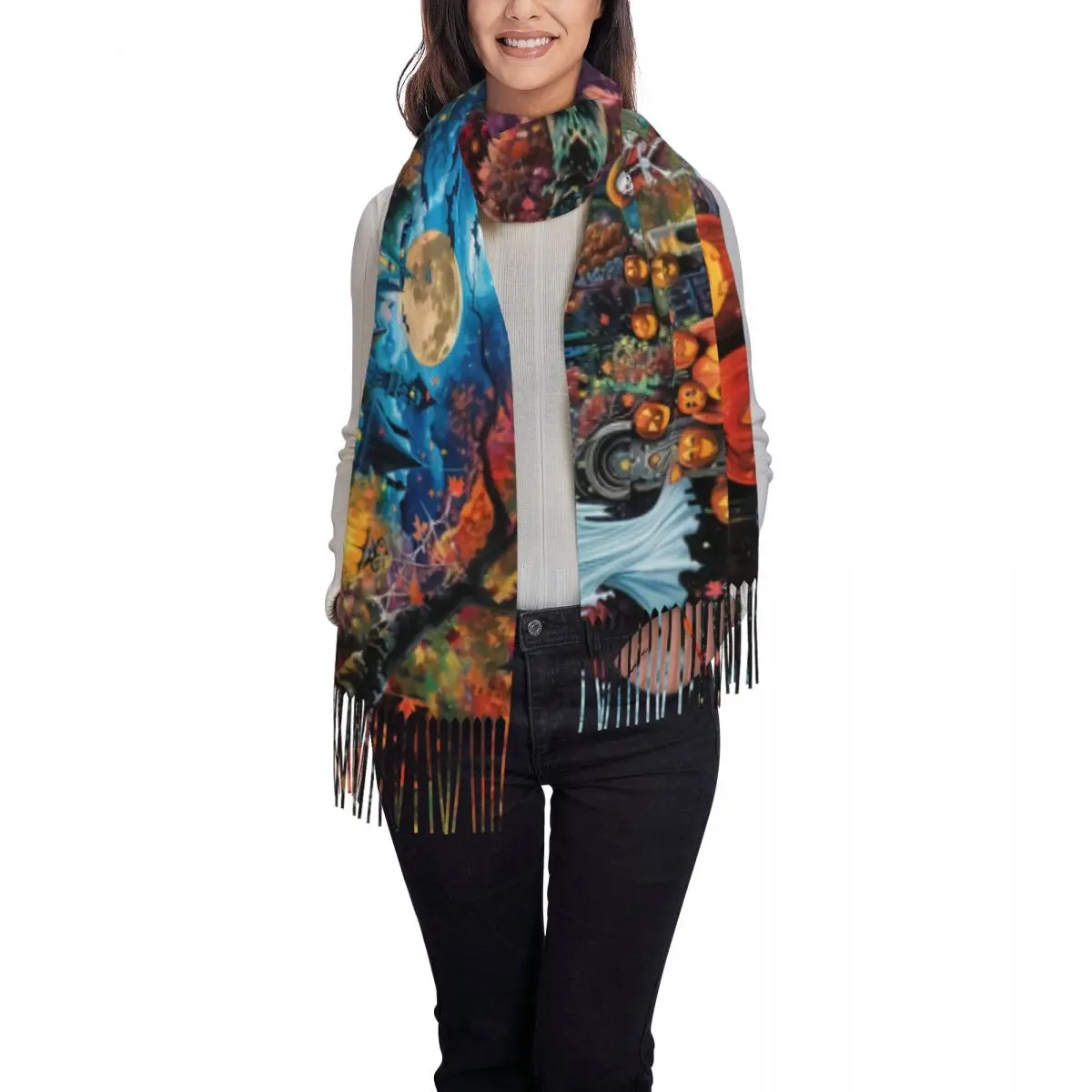 男性と女性のためのパーソナライズされたプリントのハロウィーンのスカーフ,カボチャの骨格のスカーフ,暖かいショール,冬と秋