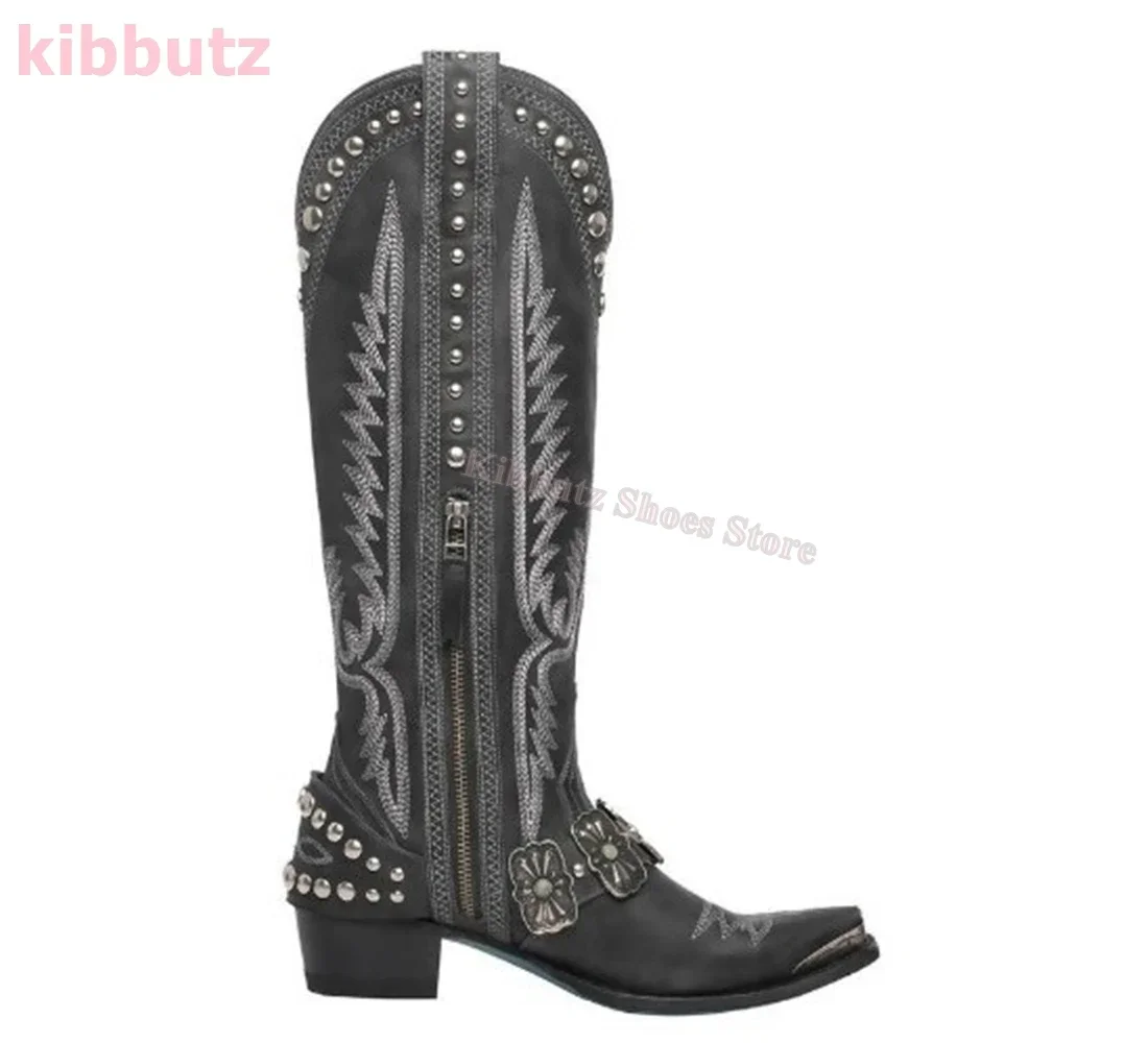 Cowboy Boots Knee High Rivet Leather Fashion Luxury Concise Elegant Sexy Pointed Toe Square Heels Side Zipper Women Shoes Newest
