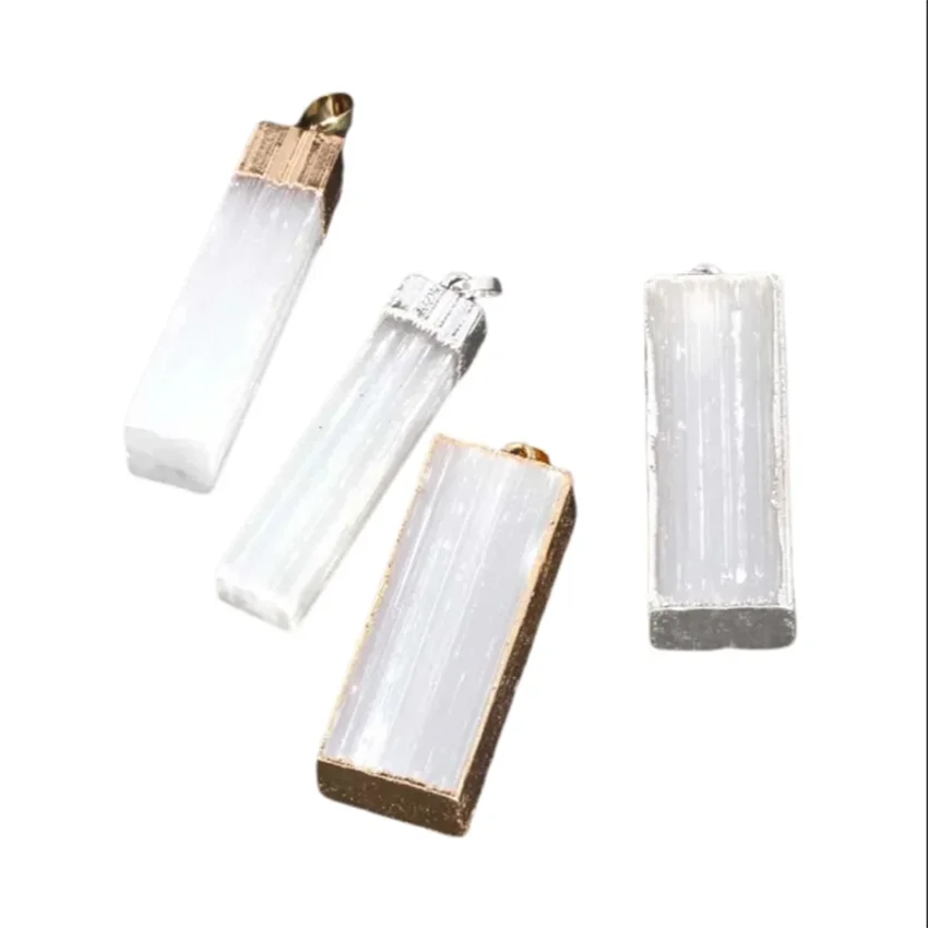 Natural White Selenite Rectangle Shape Stone Pendants For Women Silver Yellow Gold Color Rough Gypsum Stone Pendant Jewellery