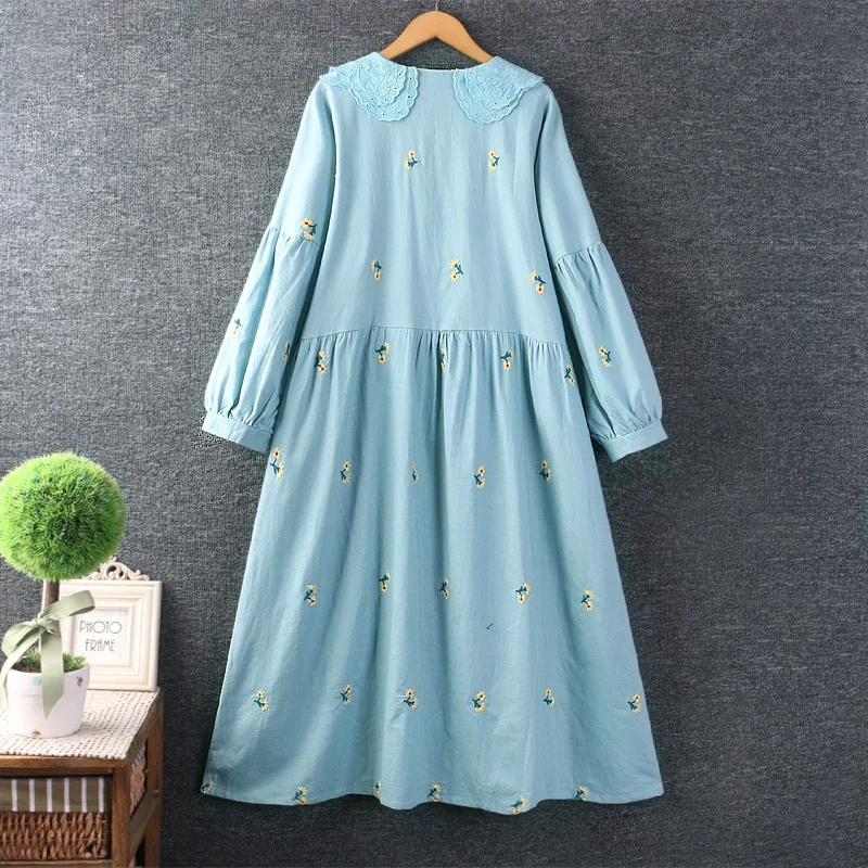 Autumn New Sweet Mori Girl Double-layer Floral Embroidered Dress Women Cute Peter Pan Collar Long Sleeve Casual Midi Dresses