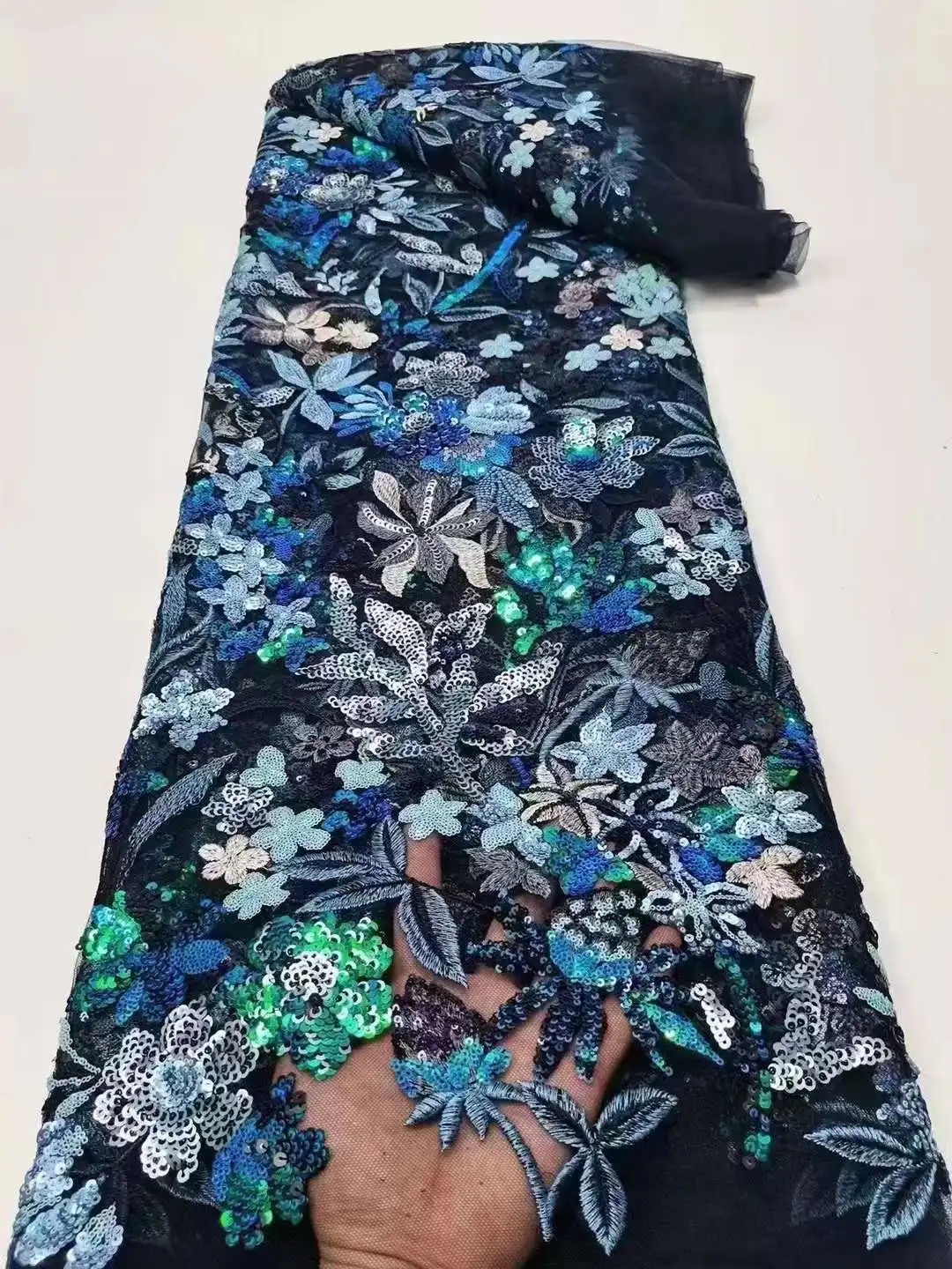 2024Latest High Quality Delicate Eligant Soft Embroiderd Sequins Tulle Lace Fabric For Wedding Evening Dress U_Ge1578