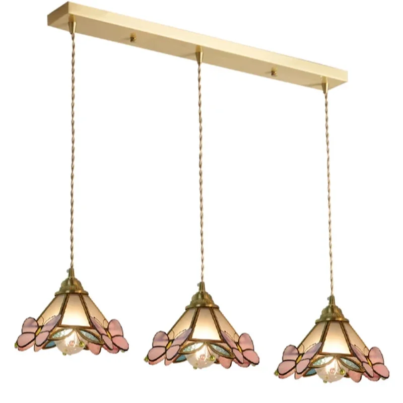 Vintage Brass Handcrafted Stained Glass Chandelier Japanese Restaurant Cozy Hang Lamp Bedside French Light Pink Butterfly LightW