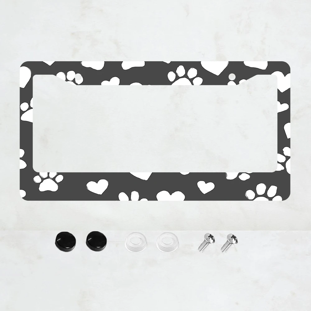 

1 шт. рамка для номерного знака с 2 отверстиями, черная с белыми отпечатками лап и сердечками, алюминиевая, 6x12 дюймов, с винтами, стандартный размер США.