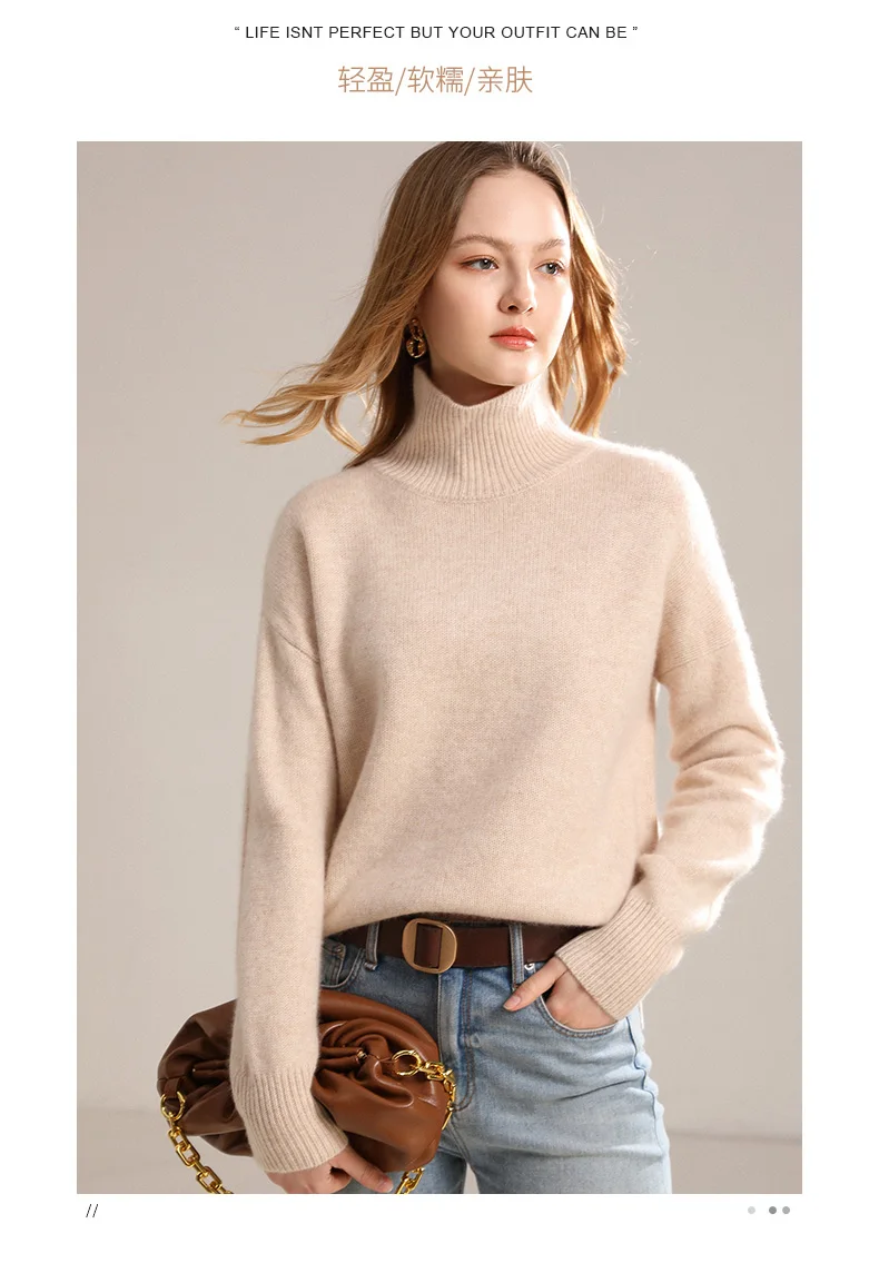 Autumn Winter Women's 100% Cashmere Long Sleeve Turtleneck Pullover Wool Top Soft Skin Breathable Shirt Light Luxury Clothing