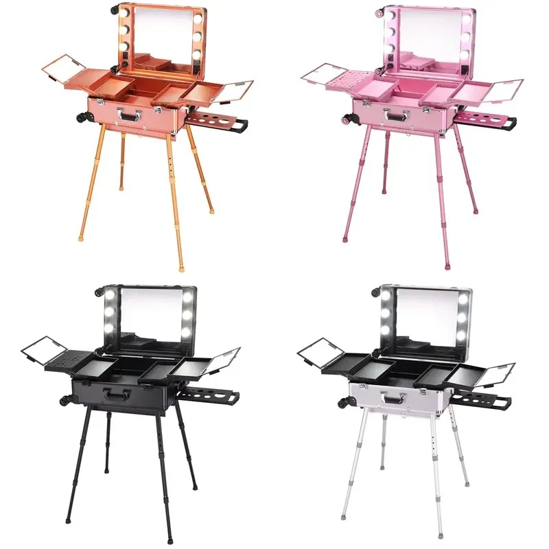 Wholesale Makeup Artist Dressing Table Box with Lamp Mirror Portable Cosmetic Storage Foldable Tripod Bracket for Beauty
