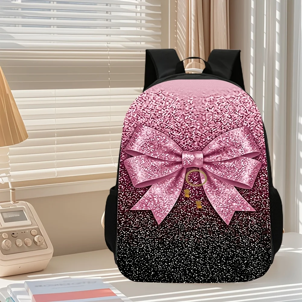 3pcs [2D Flat] School Backpack Set for Girls, Glitter Pink Bow Print Backpack with Crossbody Bag & Pencil Case, Stylish Bookbag