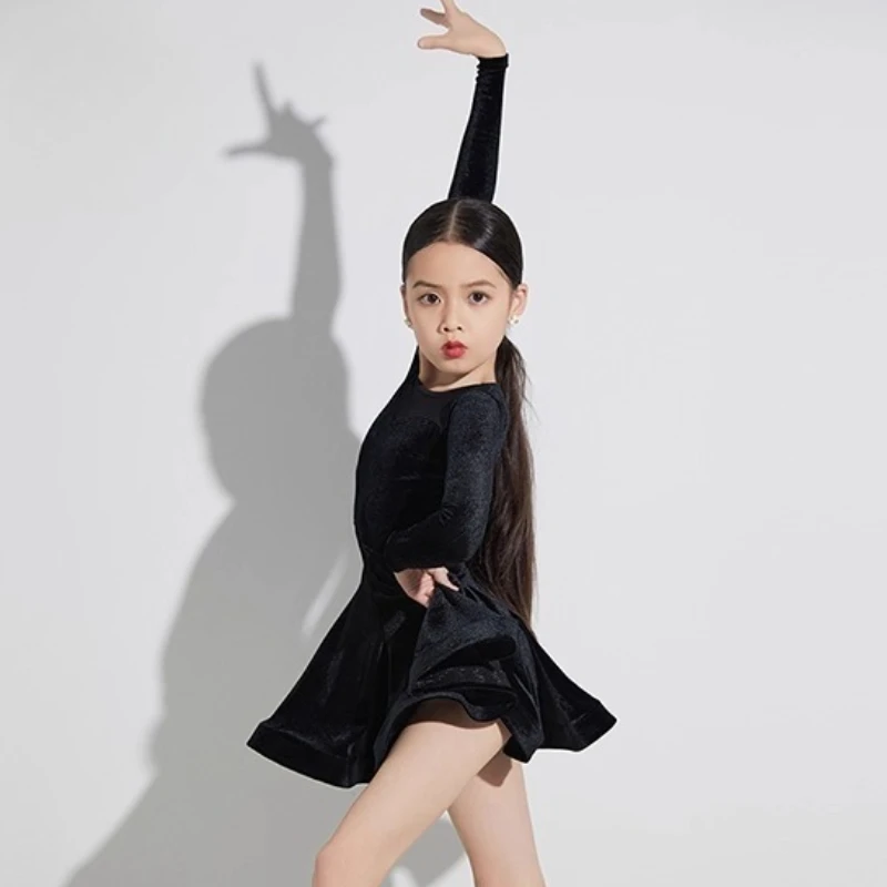 فستان ممارسة الرقص اللاتيني للفتيات بأكمام طويلة، تنورة كبيرة متأرجحة للأطفال، زي أداء المنافسة، تنورة رقص رومبا تانجو