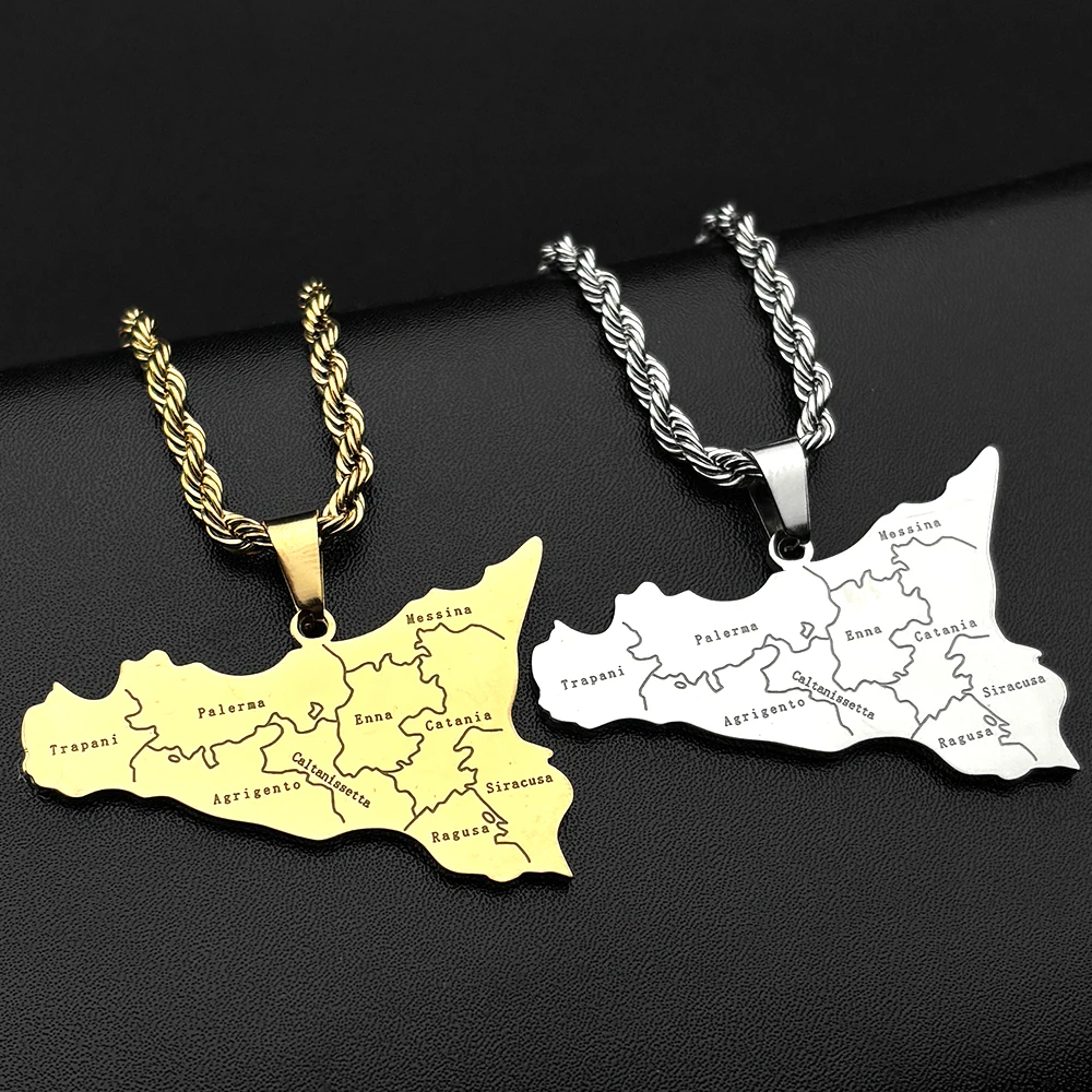 Sicily Island Map City Pendant Necklace for Men Women Stainless Steel Gold Silver Color Italy Hip Hop Cuban Chain Jewelry Gift