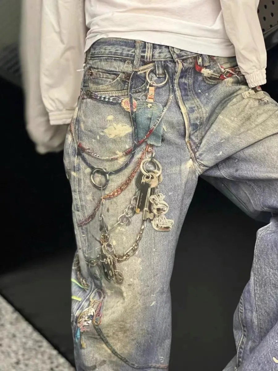 

New 2023 American Sle 3D Printed Chain Hanging Decoration Loose Straight Leg Men's Jeans Waed Effect Denim Pants