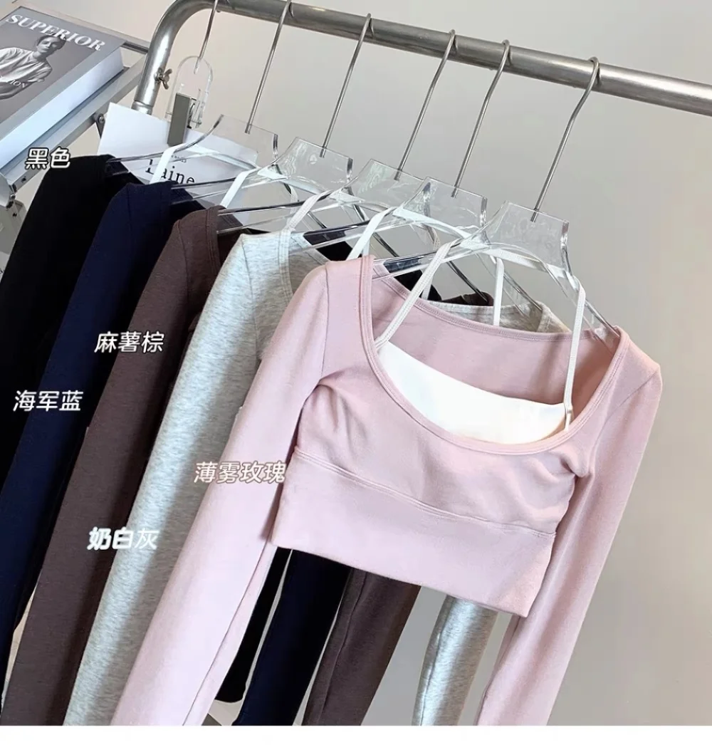 Damen Yoga-Top mit eckigem Ausschnitt, langen Ärmeln, integriertem BH, „Naked-Feeling“, Kontrastfarben, schmaler Passform, atmungsaktiv, Fitness-Workout-Crop-Top – Detail 14