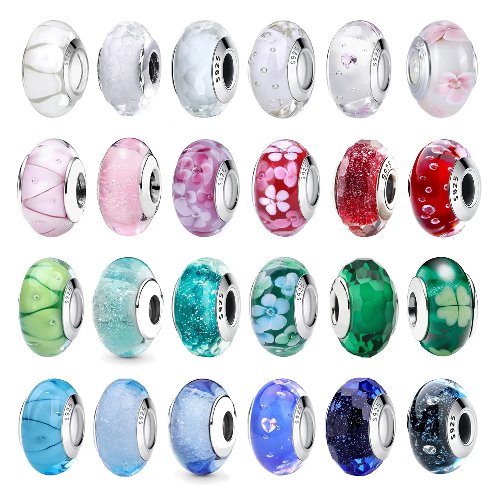 Beautiful 925 Sterling Silver Multicolored Flowers Four-Leaf Clover Heart Sparkling Glass Beads Fit DIY Bracelet Necklace Gifts