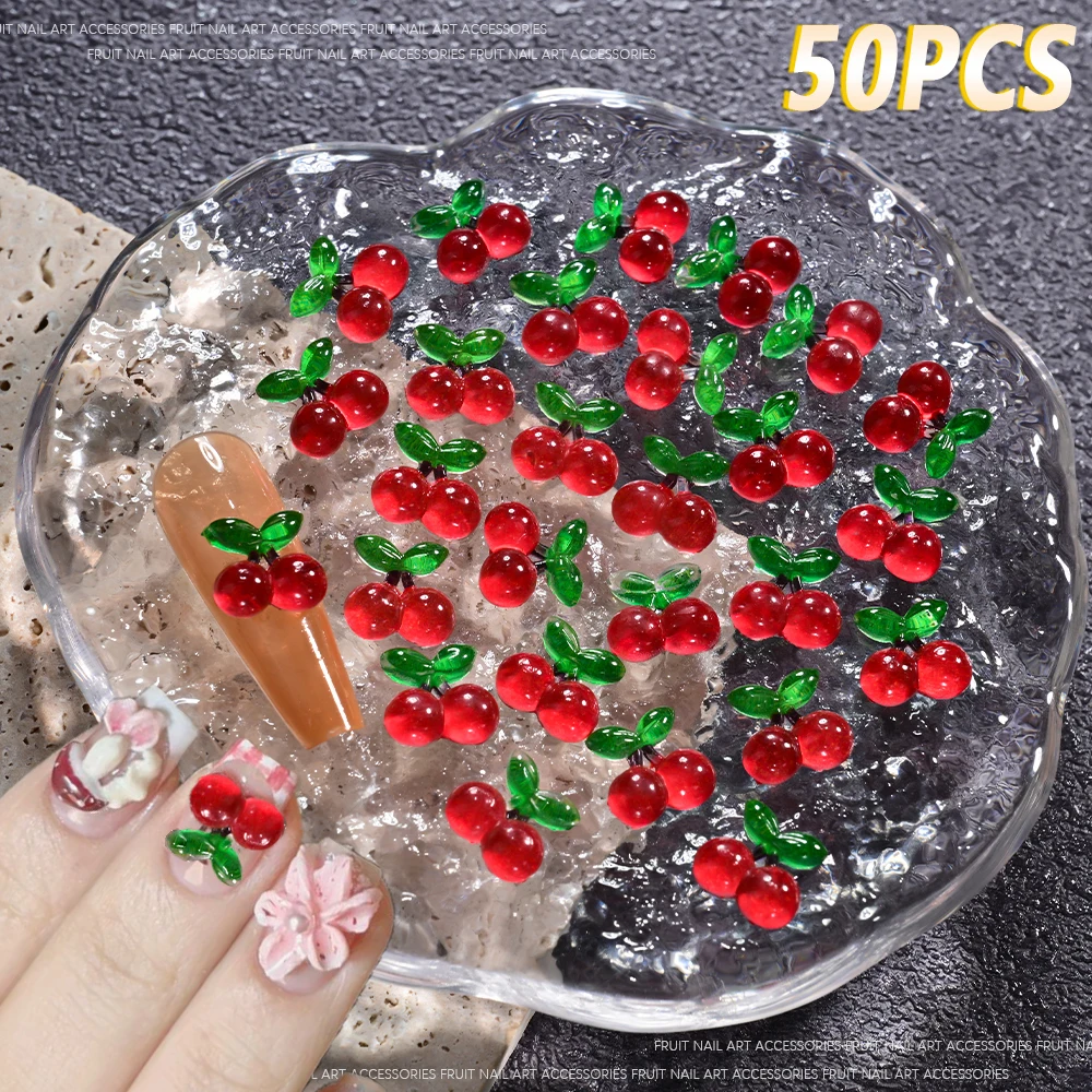 50Pc 3D Resin Ice Transparent Red Cherry Nail Rhinestones FlatBack Strawberry Watermelon Lemon Nail Charm Summer Fruit Nail Gems