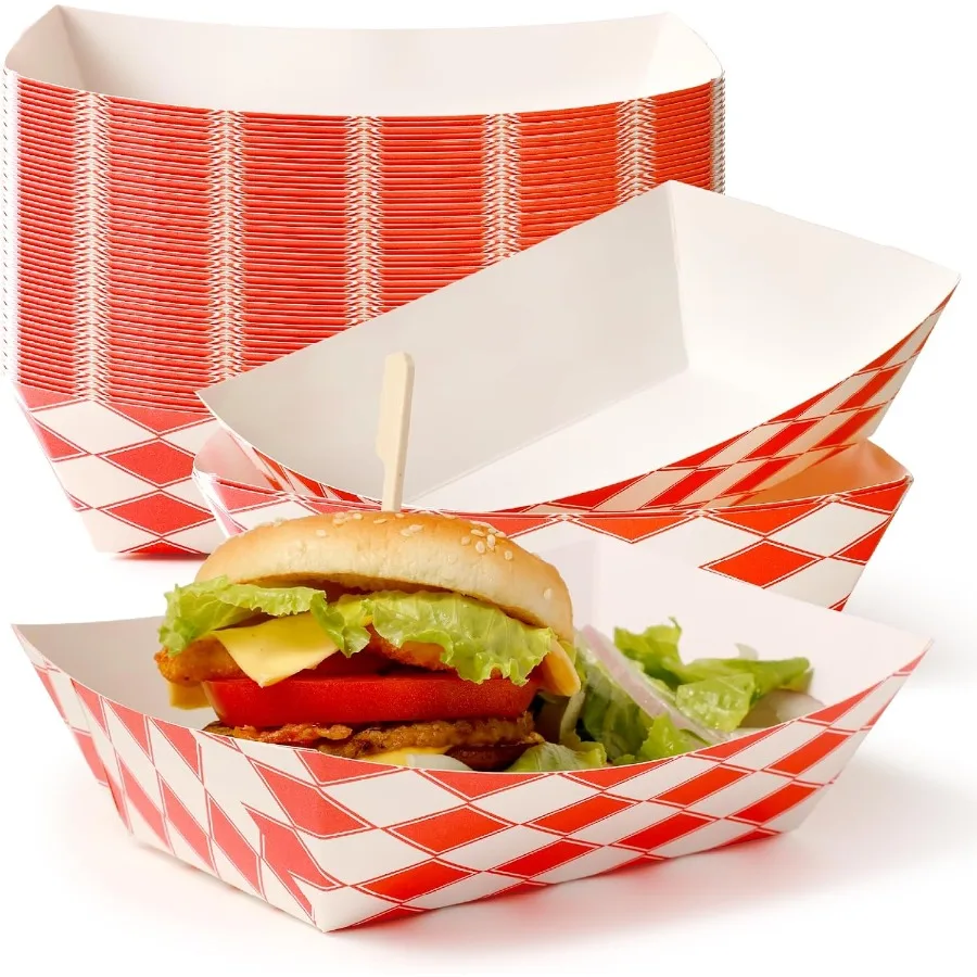 

500 Pack 3 lb Paper Food Boats Heavy Duty Disposable Trays Red Check For Parties Fairs Picnics Carnivals Holds Ketchup Cheese S