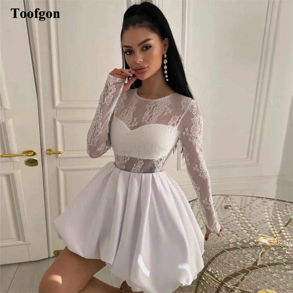 Toofgon White Satin Mini Wedding Dresses Customized Long Sleeves Lace Formal Bride Dress Bridal Wedding Photography Gowns 2026