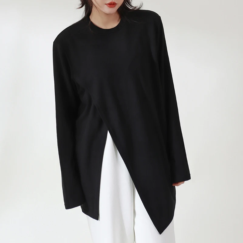 

SuperAen дизайнерские футболки с длинными рукавами и разрезом для женщин, осенние и зимние новые свободные модные повседневные топы по индивидуальному заказу