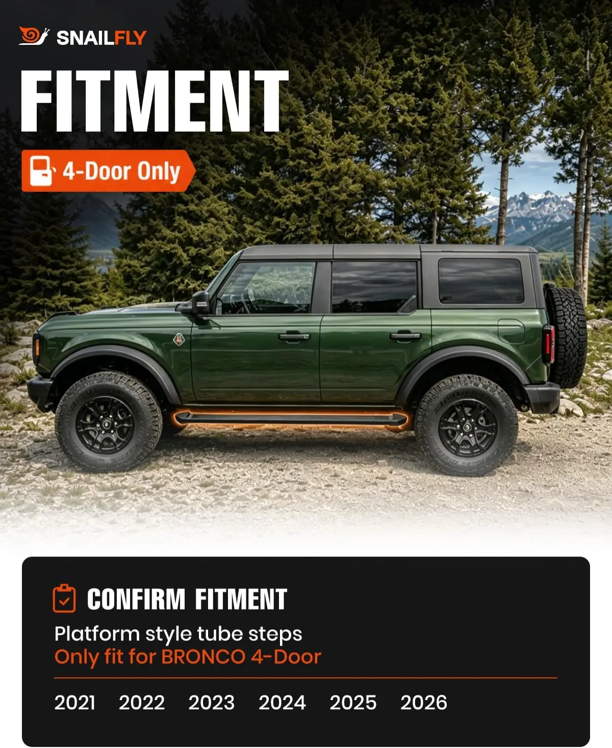 Aluminum Side Steps with Wide ABS Anti-Slip Pads, OE-Style No-Drill Running Boards for 2021-2026 Bronco 4-Door, Step Bars for Kids Seniors and Family Entry, Not for Bronco Sport