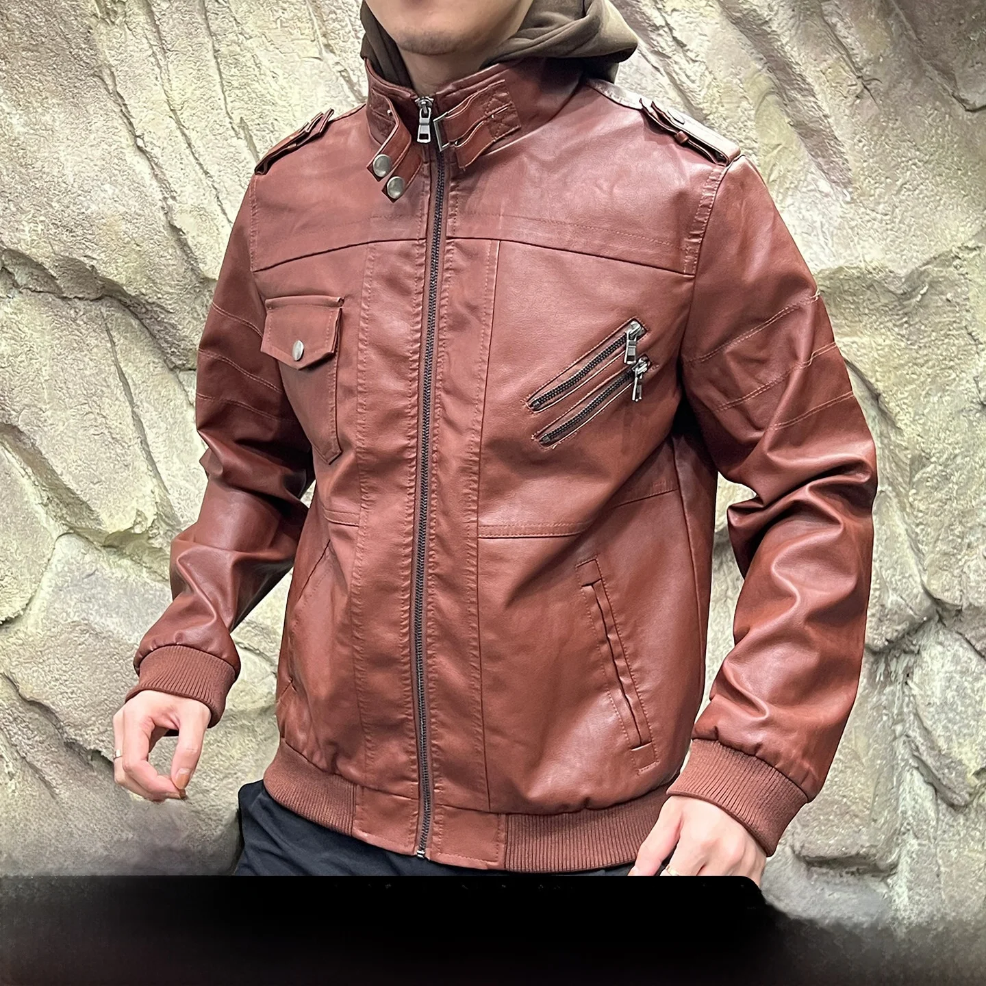 

Detachable Hoodie Fake Two-Piece PU Leather Jaet Men's Women's Motorcycle Jaet Baseball Outfit Thiened Long Sve Zipper